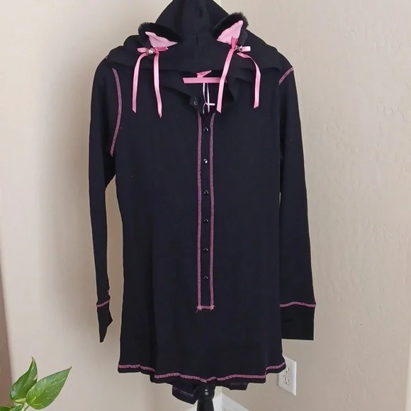 DOLLSKILL SUGAR THRILLZ 1X BLACK LONG-SLEEVED CAT ROMPER EARS ON HOOD BOWS/BELL - Picture 15 of 17